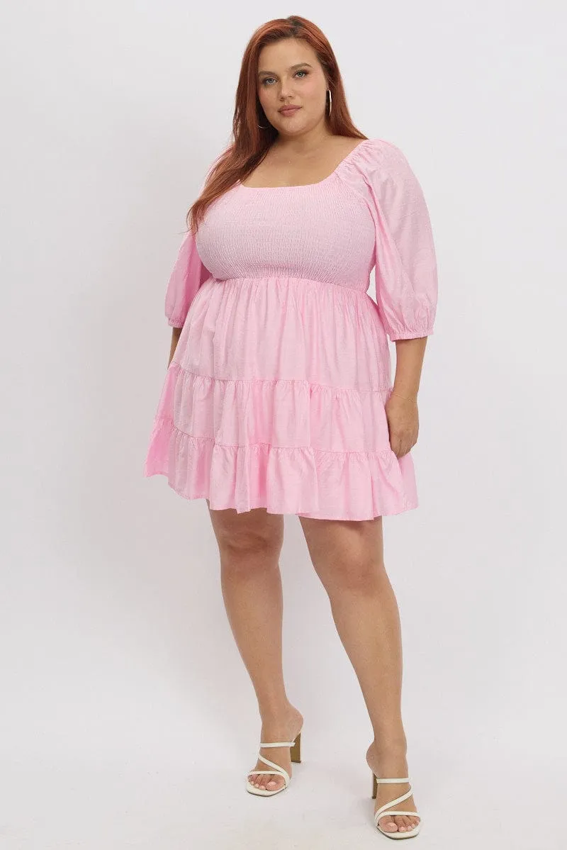 Pink Shirred Bodice Puff Sleeve Tiered Mini Dress Timeless Wear