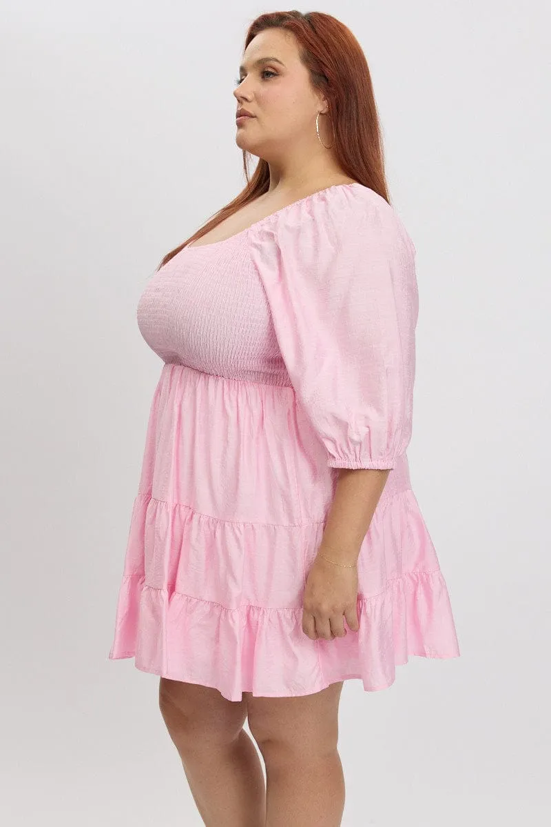 Effortless chic mini Pink Shirred Bodice Puff Sleeve Tiered Mini Dress