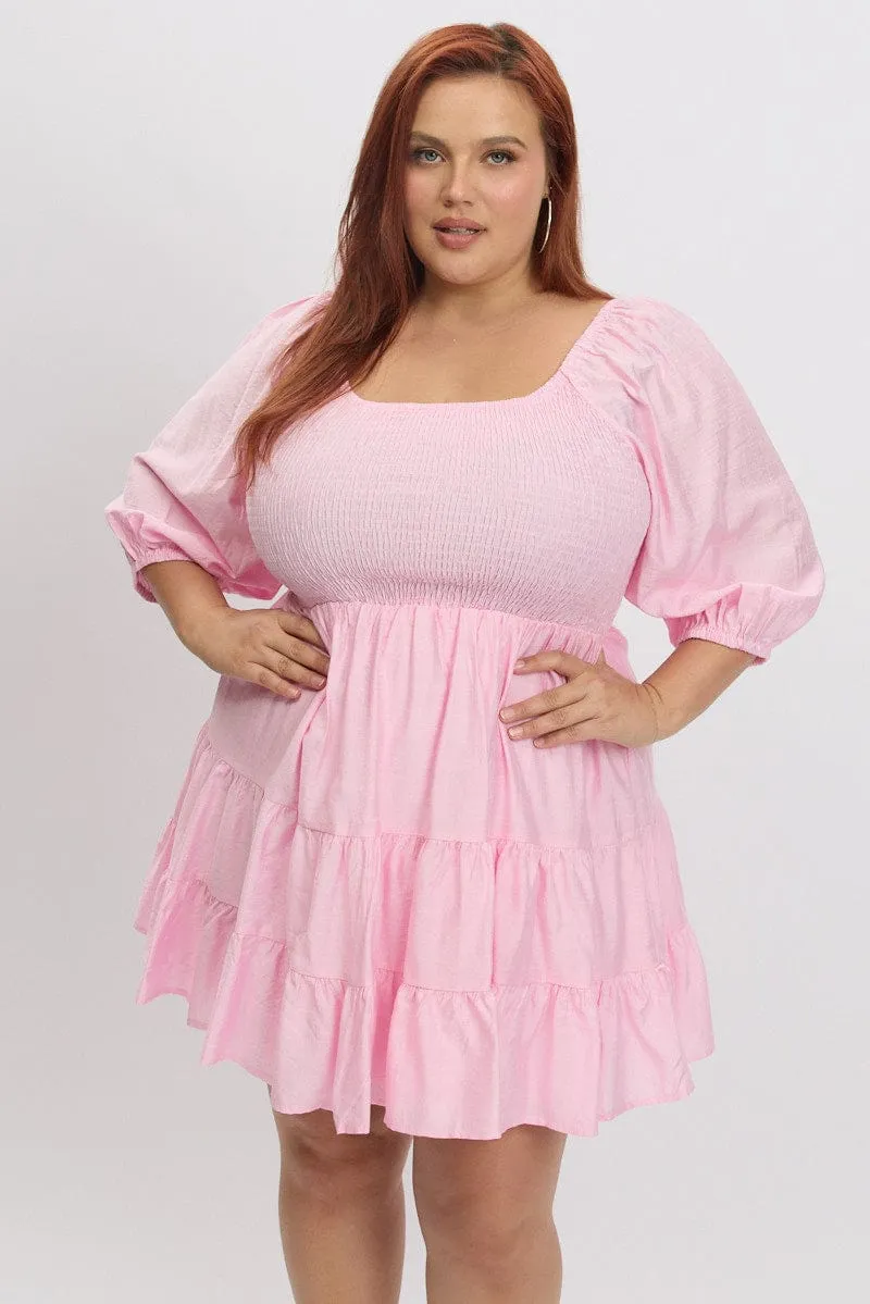 Light Fit Pink Shirred Bodice Puff Sleeve Tiered Mini Dress