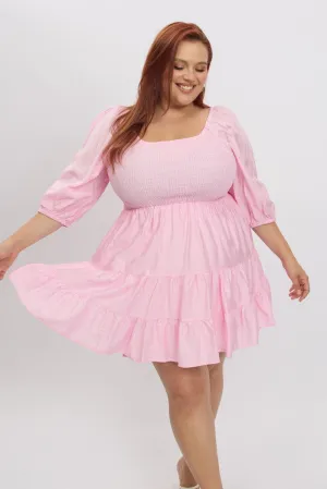 Pink Shirred Bodice Puff Sleeve Tiered Mini Dress Pop Star