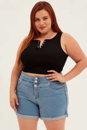 clean look Flexible Fabric Blend Black Tank Top Sleeveless Button Down