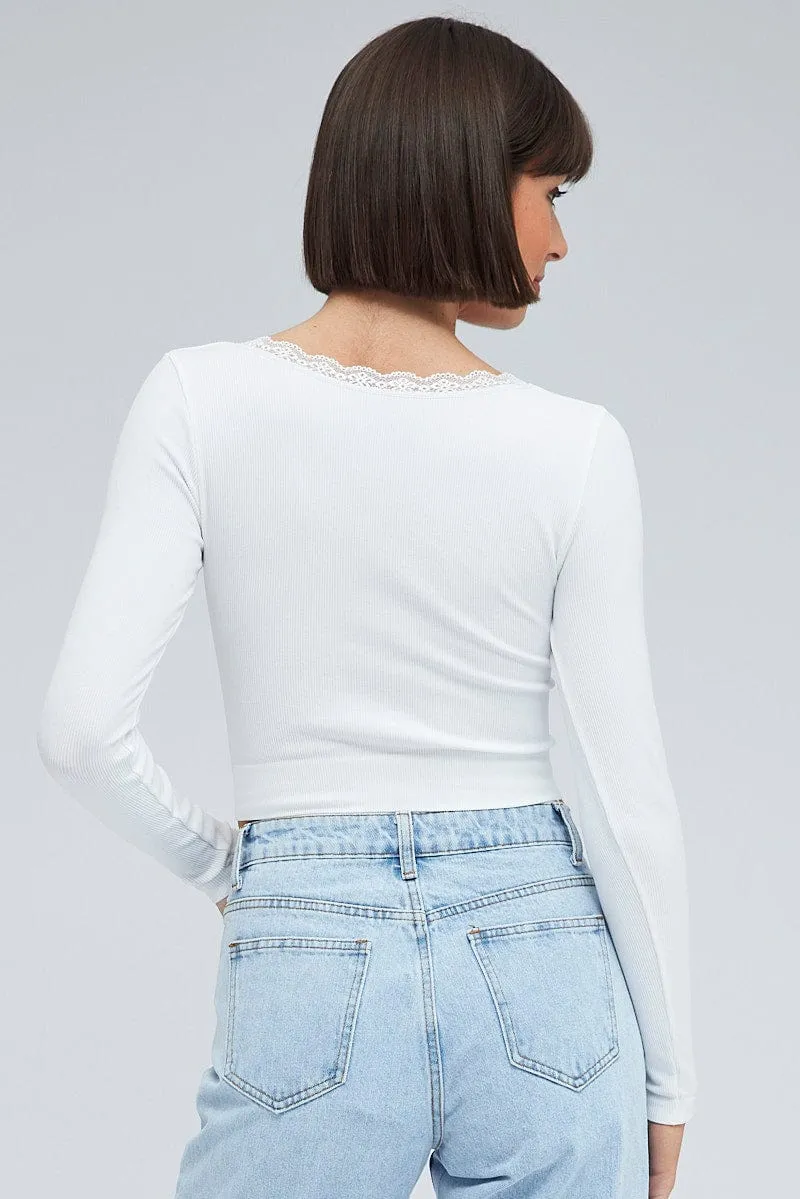 White Top Long Sleeve Round Neck Seamless QuickAccess Pockets