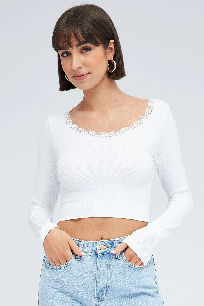 White Top Long Sleeve Round Neck Seamless Star Fit Layered Clothing