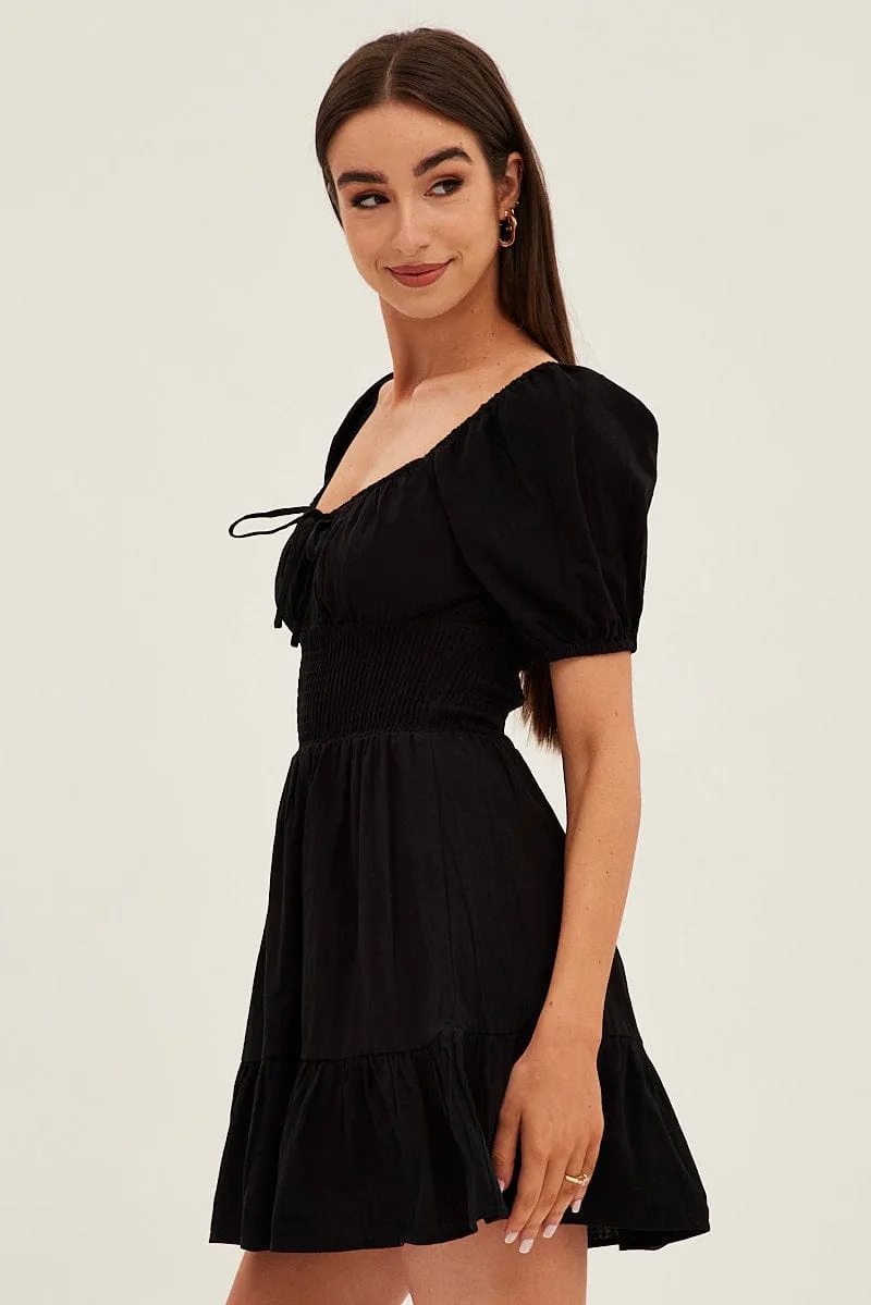 PreShrunk Cotton Black Skater Dress Short Sleeve Mini