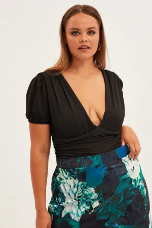 Black Stretch Bodysuit Short Puff Sleeve Deep V Jersey Winter Fashion
