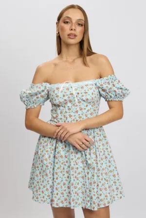Blue Ditsy Fit And Flare Dress Corset Detail Mini HighNeckStyle ZeroWasteProduction
