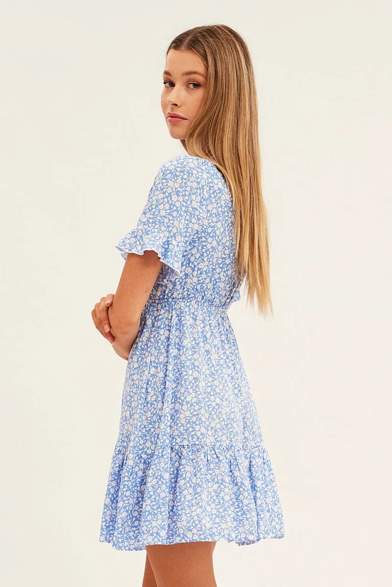 Blue Floral Tie Front Mini Skater Dress Stylish Fashion Winter Wear
