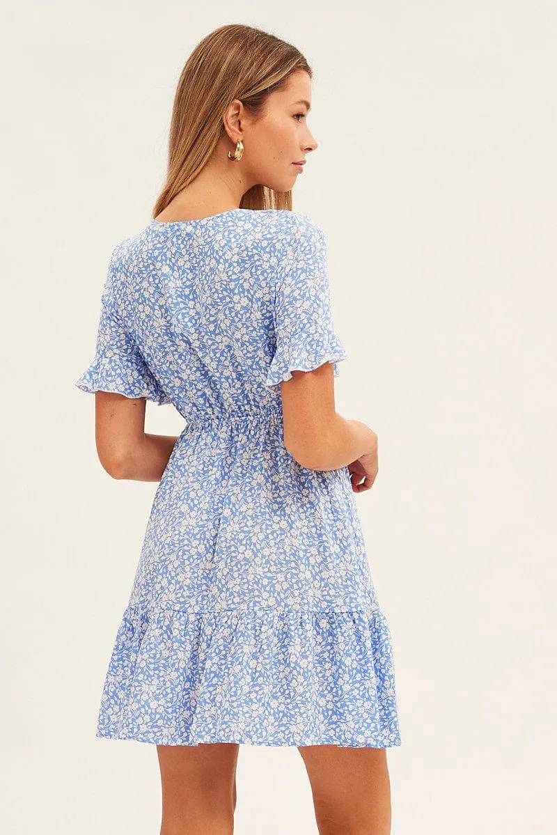 Comfortable Design Blue Floral Tie Front Mini Skater Dress