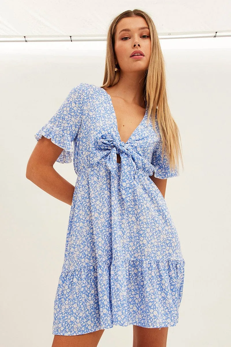 Blue Floral Tie Front Mini Skater Dress Flash Core Stylish Apparel