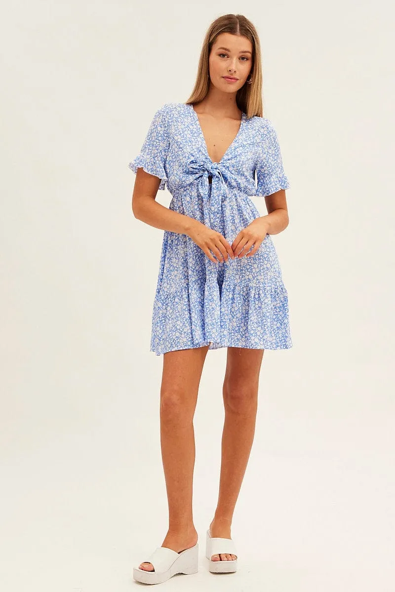 AntiStaticMaterial QuickDrying Material Blue Floral Tie Front Mini Skater Dress