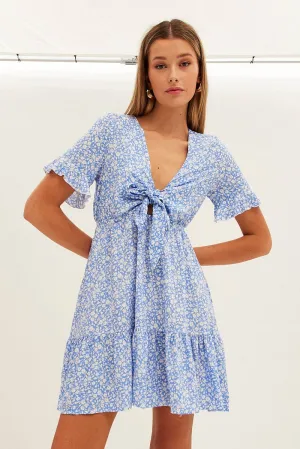 Star Mood Blue Floral Tie Front Mini Skater Dress