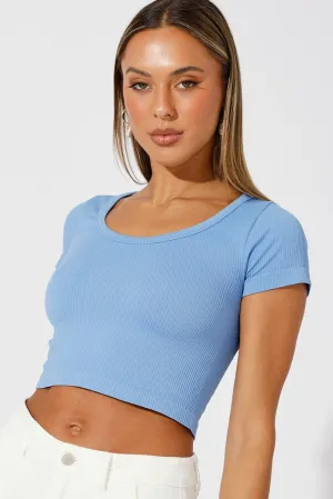 Blue T Shirt Short Sleeve Round Neck Seamless Bold Fashion