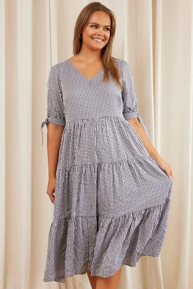 Bamboo Path High impact Check Midi Dress V-neck Short Sleeve