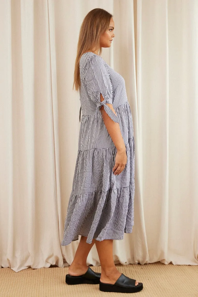 Check Midi Dress V-neck Short Sleeve Day-To-Night Wear Casual Glam