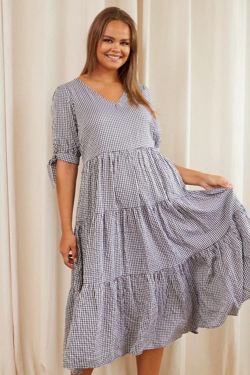 Check Midi Dress V-neck Short Sleeve Go Light Soft and breathable dress