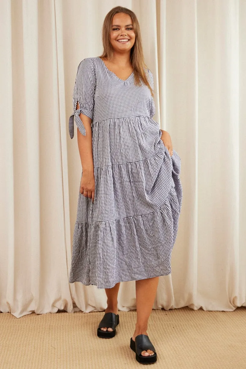 Chic Style Travel Ready Check Midi Dress V-neck Short Sleeve
