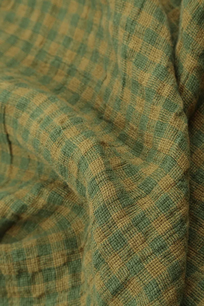Organic Cotton FlexibleWaistband Balloon Green Check Linen Dress