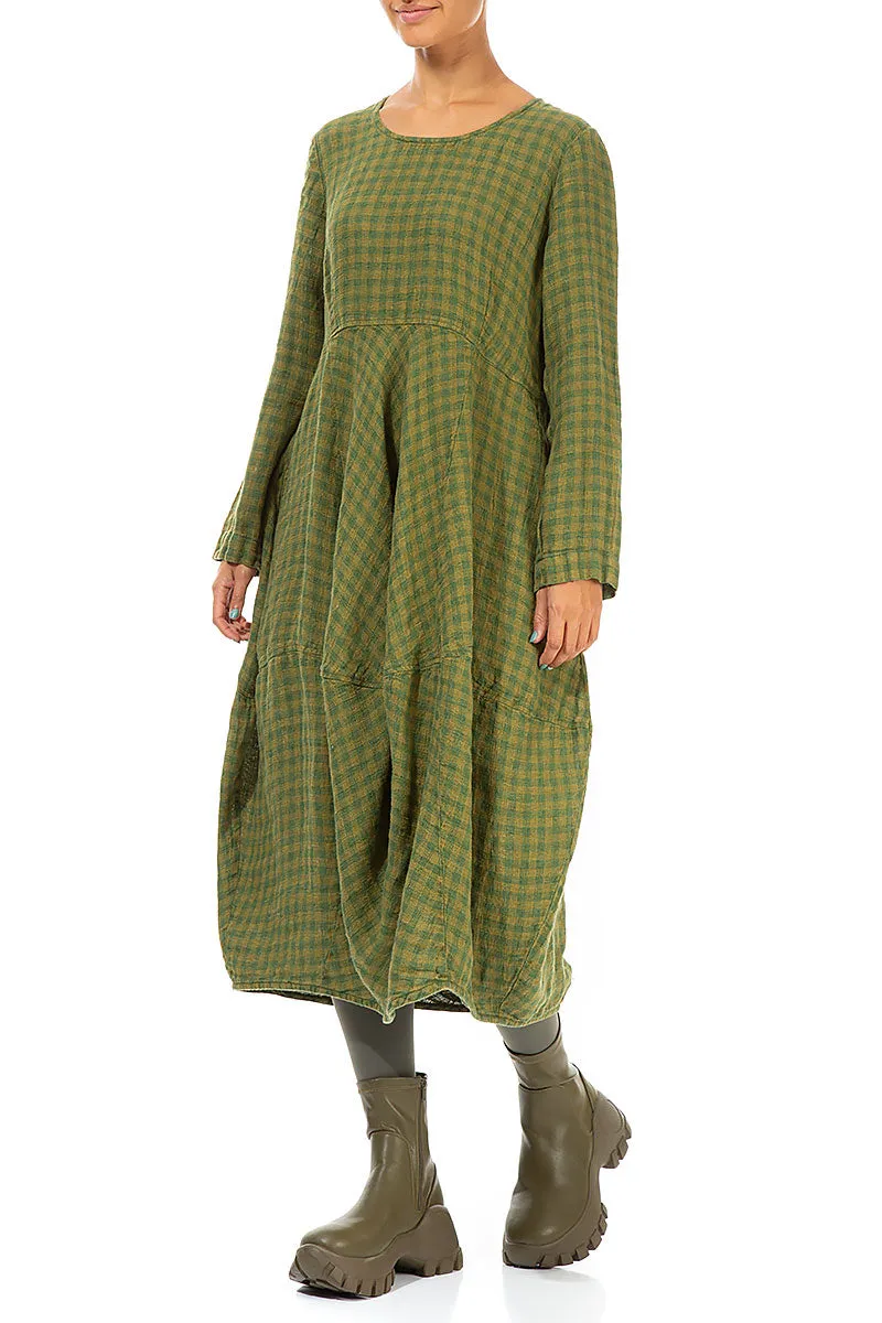 Balloon Green Check Linen Dress Skin Hug