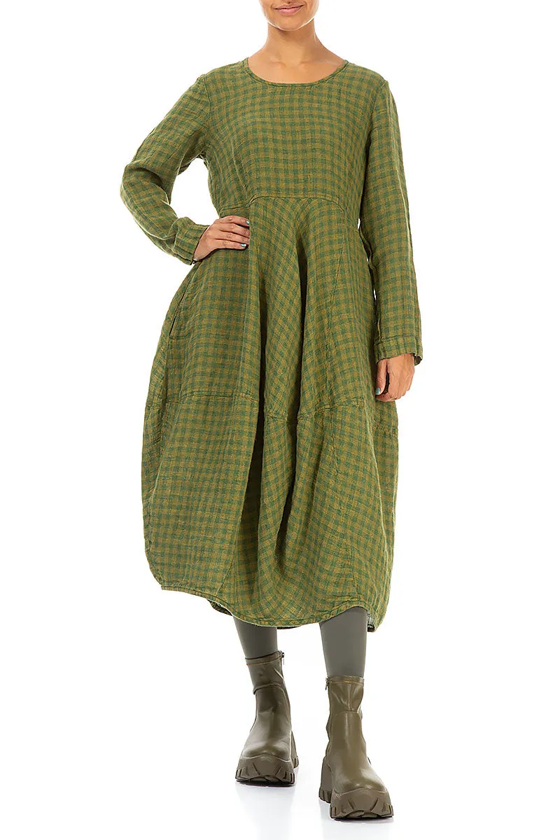 Balloon Green Check Linen Dress BreathableFabric Breezy Design