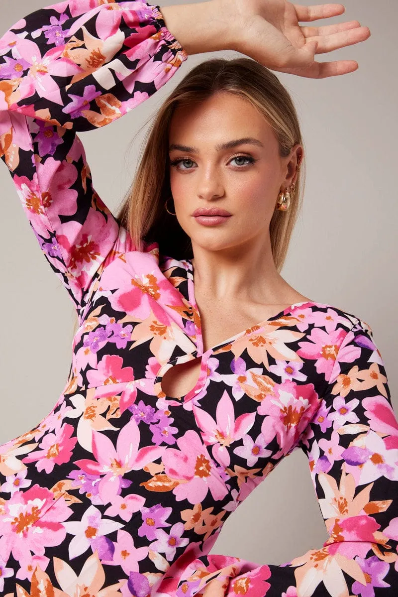 Black Floral Ballon Sleeve Dress Keyhole Swishy Skater Dress Grace Flow