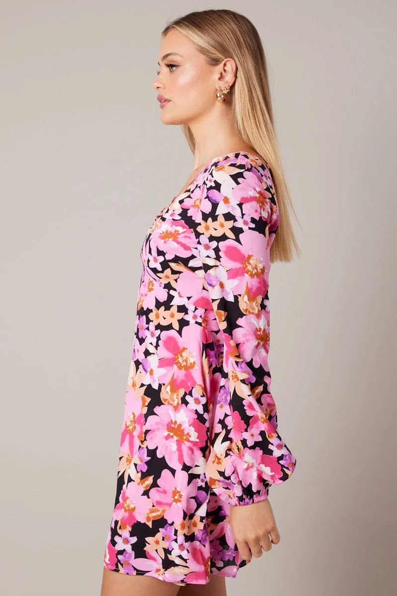 Black Chic Black Floral Ballon Sleeve Dress Keyhole Swishy Skater Dress