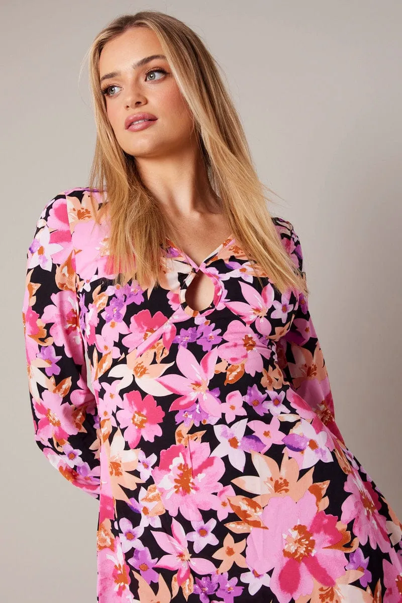 Bronze Glow Iron Gate Black Floral Ballon Sleeve Dress Keyhole Swishy Skater Dress