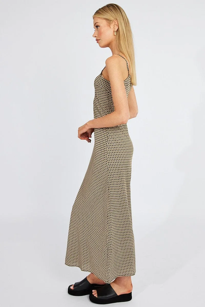 Ocean Arch Evening Gold Brown Geo Maxi Dress Bias Cut