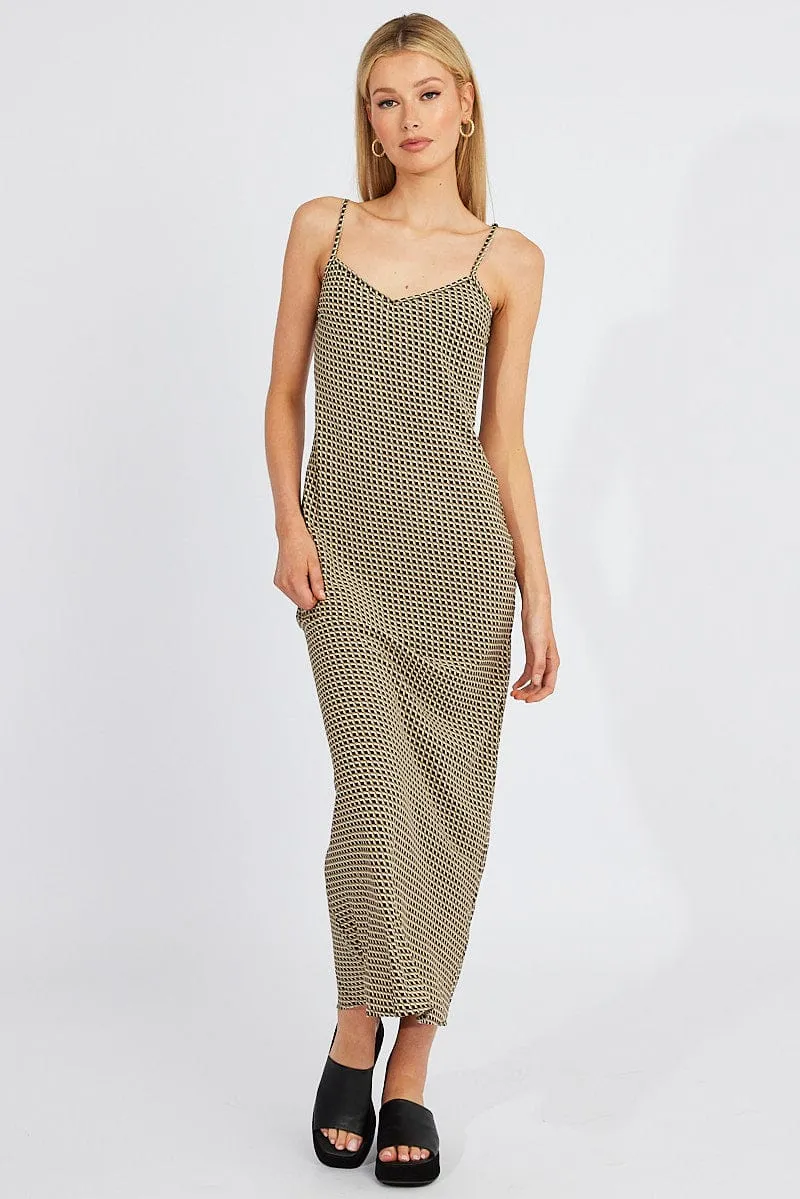 Flare Bottom Agate Glow Brown Geo Maxi Dress Bias Cut