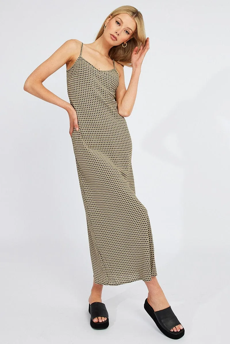 Brown Geo Maxi Dress Bias Cut Coast Path Island Edge