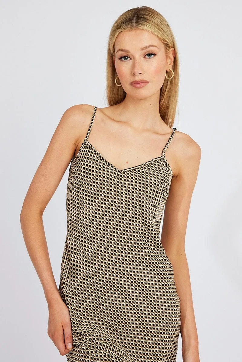 Topaz Shine Brown Geo Maxi Dress Bias Cut