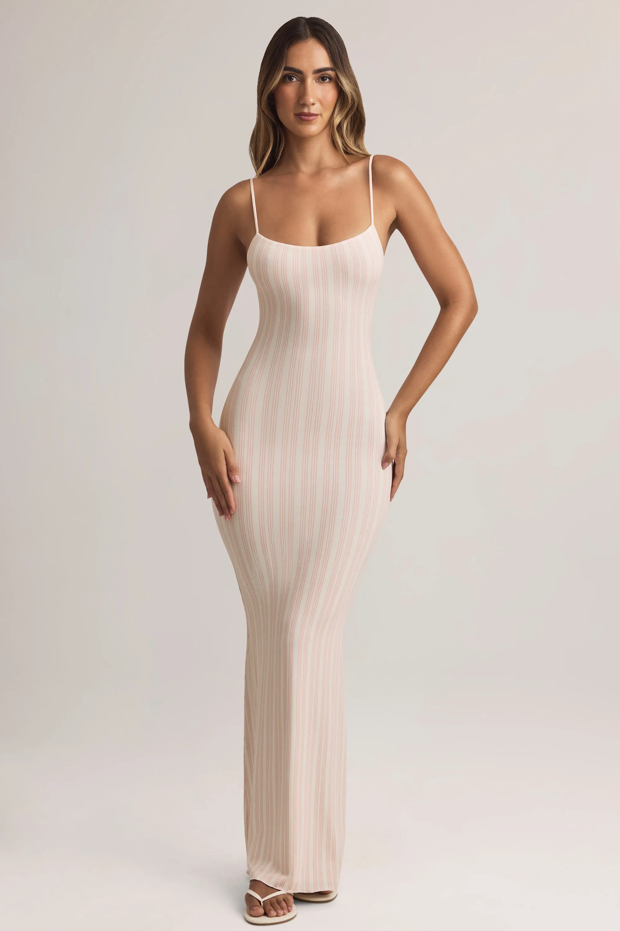 Ivory Shine Modal Scoop-Neck Maxi Dress in Stripe Print