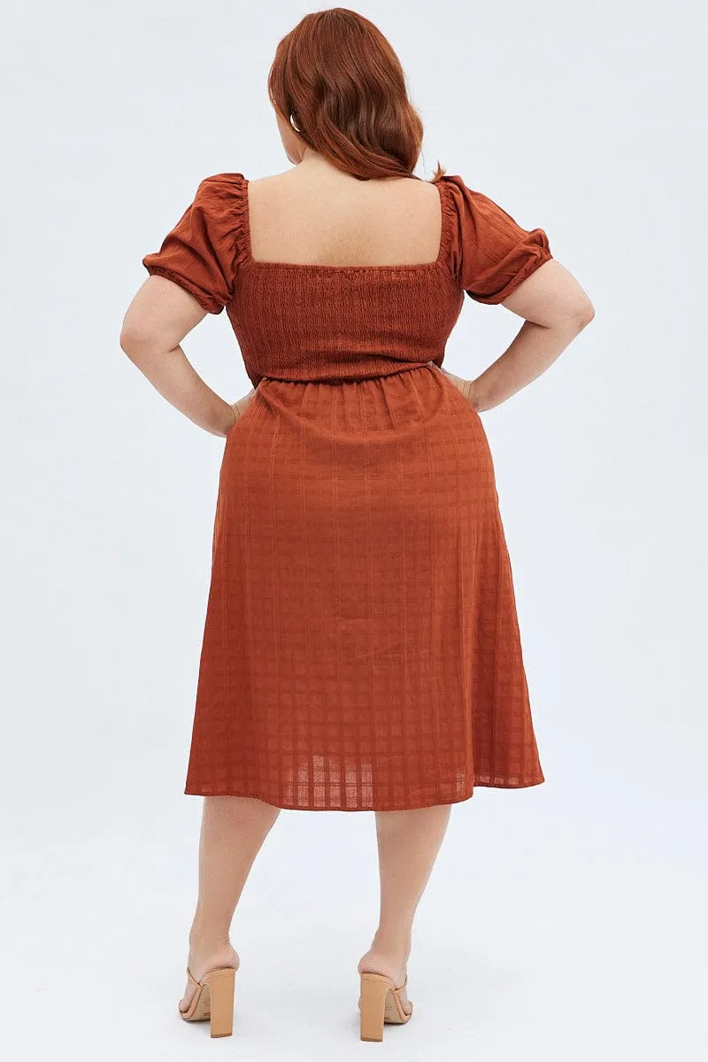Rust Midi Dress Textured Puff Sleeve Cloud Sea Practical travel midi