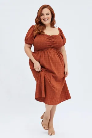Rust Midi Dress Textured Puff Sleeve Summer Picnic