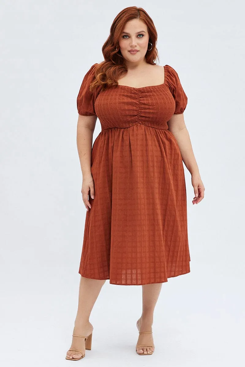 Trendy Comfort Rust Midi Dress Textured Puff Sleeve