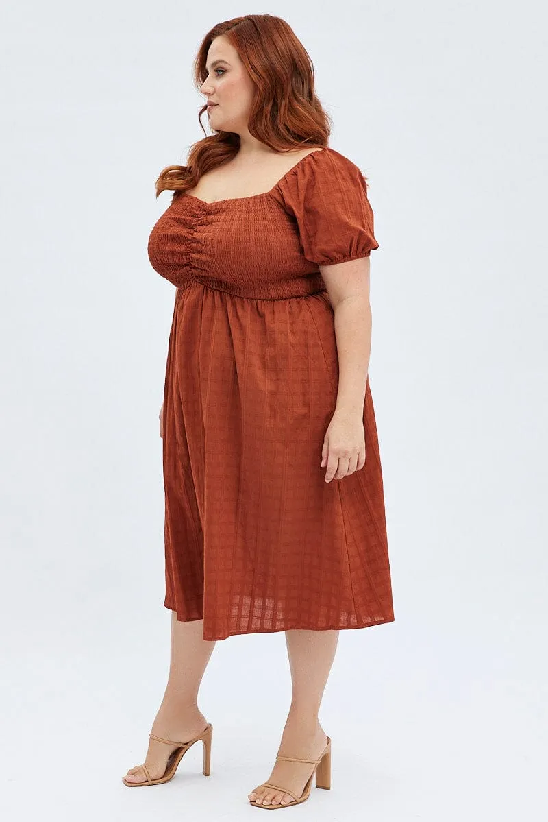 Rust Midi Dress Textured Puff Sleeve Trendy and Timeless Artistic Vibe