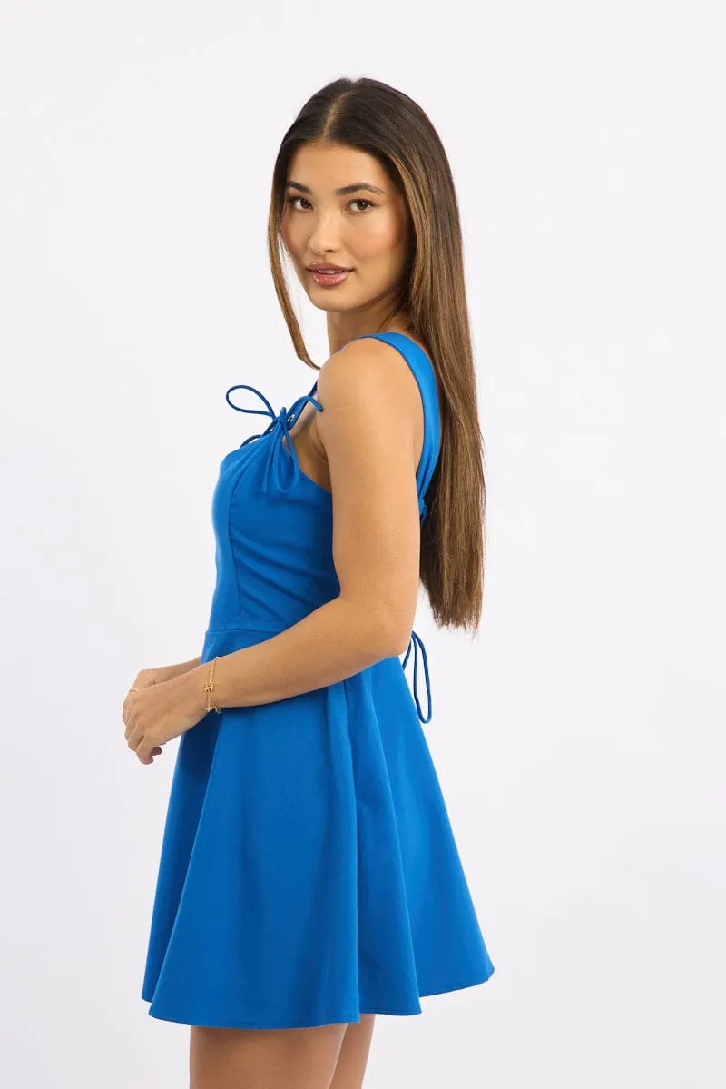 Style Mood Ergonomic Cut Blue Fit And Flare Dress Ribbon Detail