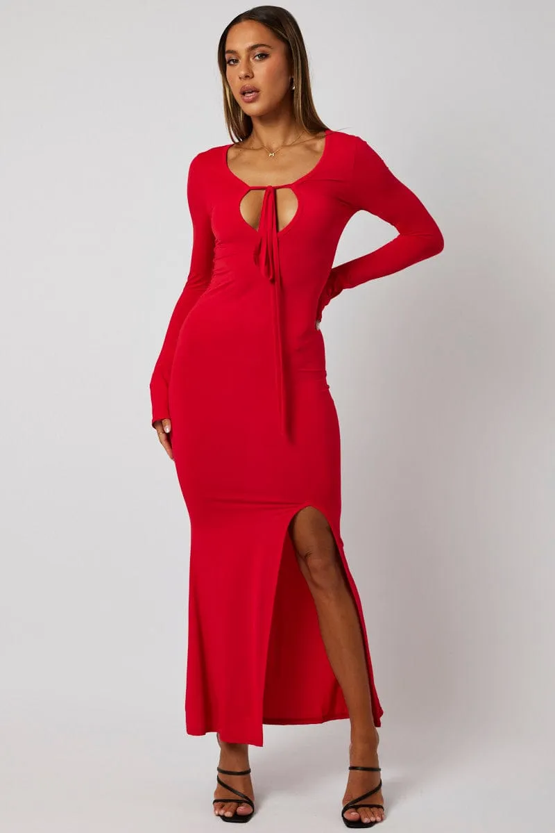 Red Maxi Dress Strappy Flared Sleeve Bodycon Dress Platinum Shine Bohemian-inspired maxi