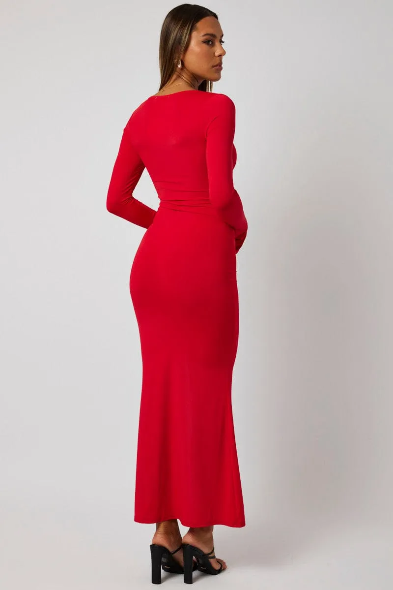 Red Maxi Dress Strappy Flared Sleeve Bodycon Dress Ivory Shine