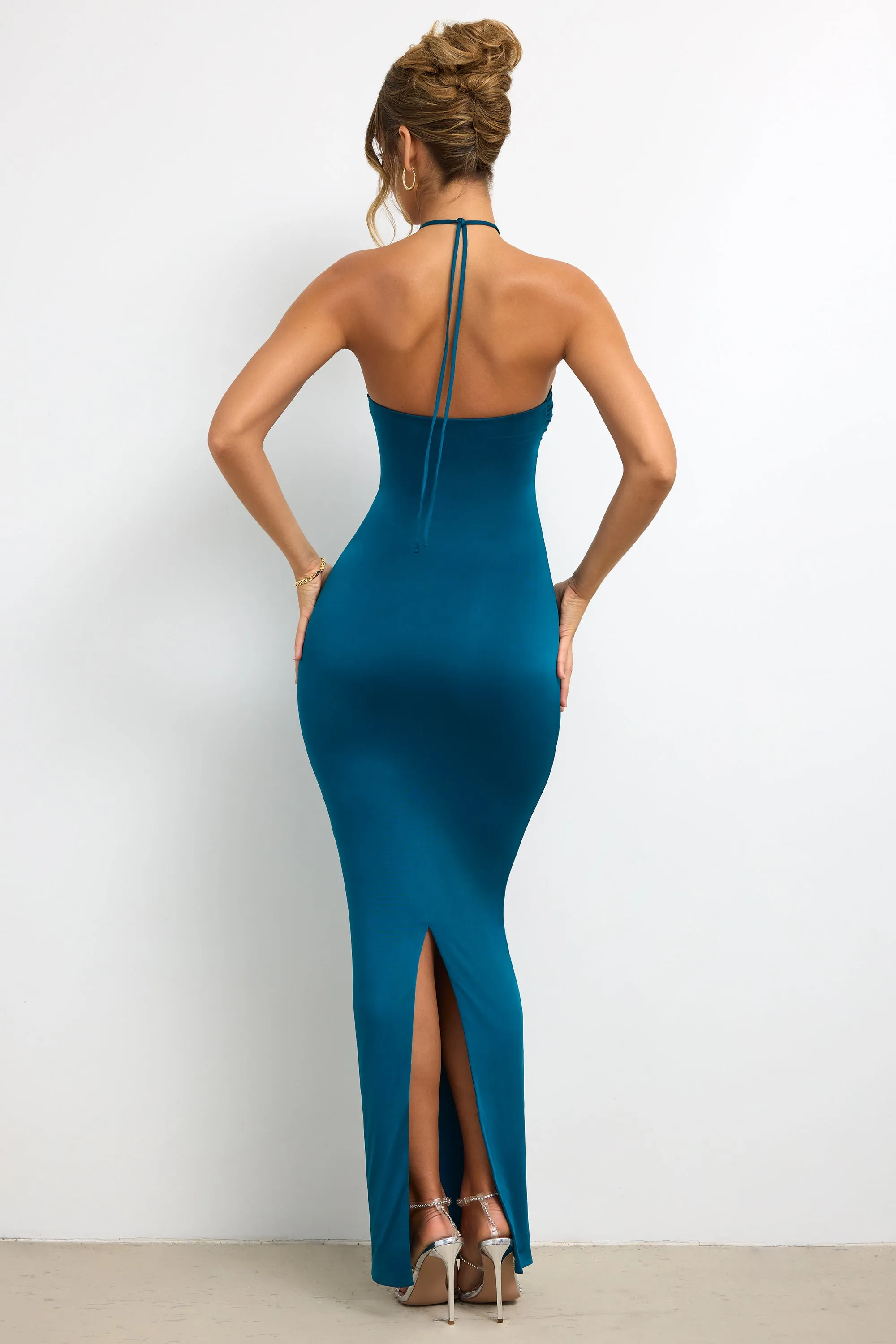 Elegant formal maxi Slinky Jersey Rose Detail Halter Neck Maxi Dress in Dark Teal