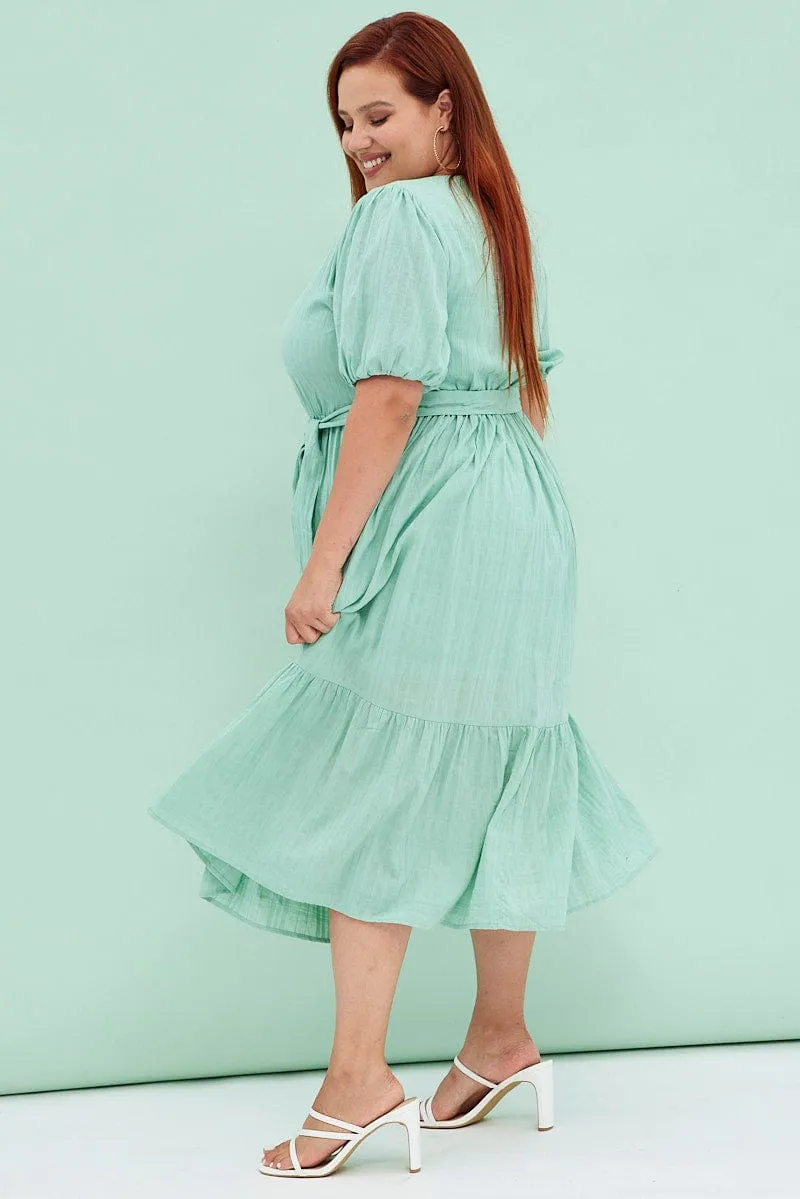 Green Sage Short Sleeve Textured Button Midi Dress Any Day Wear