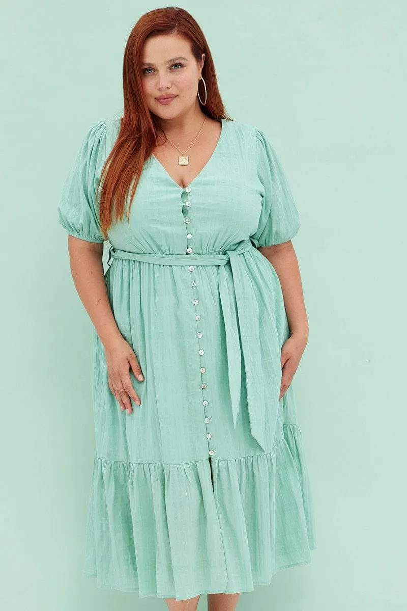 Mist Valley Vibrant Style Green Sage Short Sleeve Textured Button Midi Dress