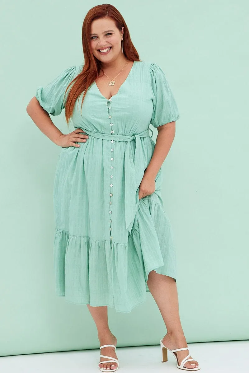 Perfect outdoor event dress Green Sage Short Sleeve Textured Button Midi Dress