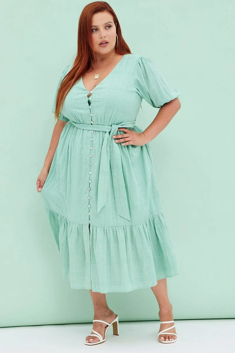 Green Sage Short Sleeve Textured Button Midi Dress Sleek Silhouette Stylish Choices