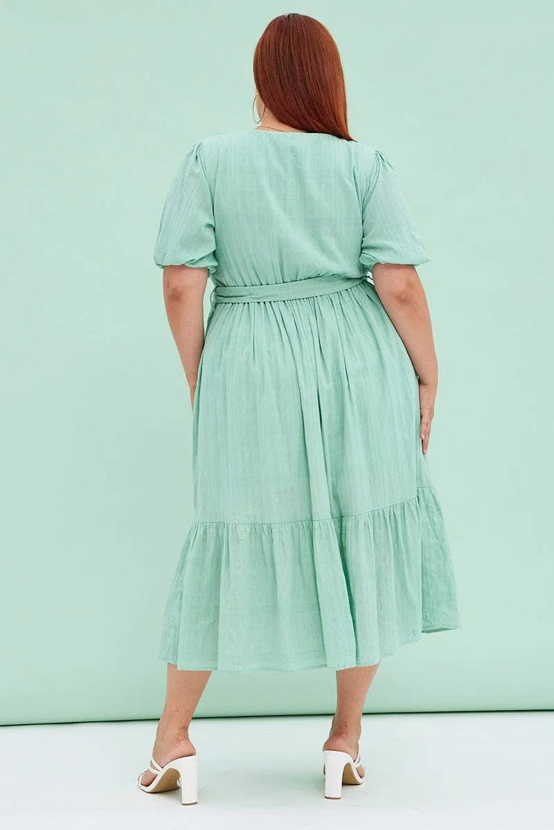 slow life Green Sage Short Sleeve Textured Button Midi Dress