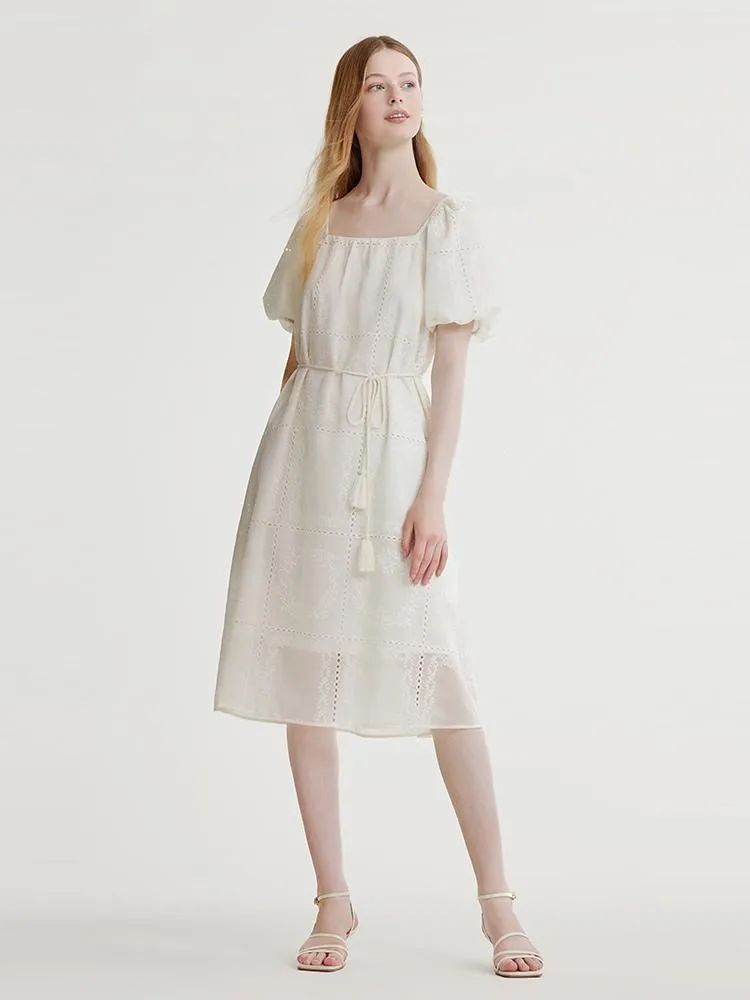 Square Neck Embroidered Midi Dress With Belt Star Light french chic