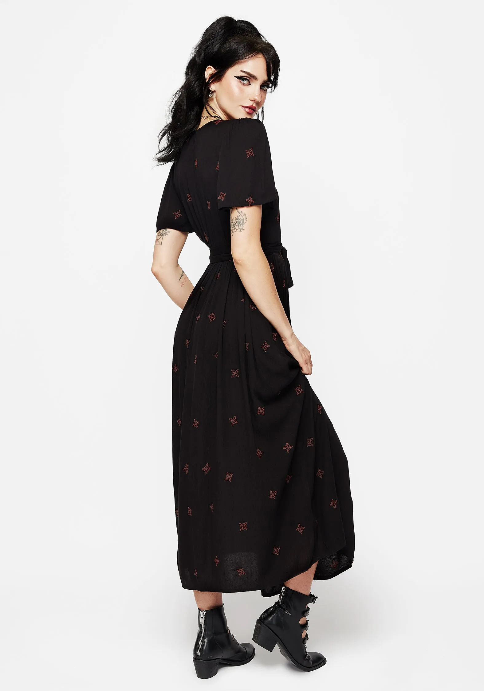 Sublime Witches Knot Embroidered Button Up Midi Dress Modern Wear