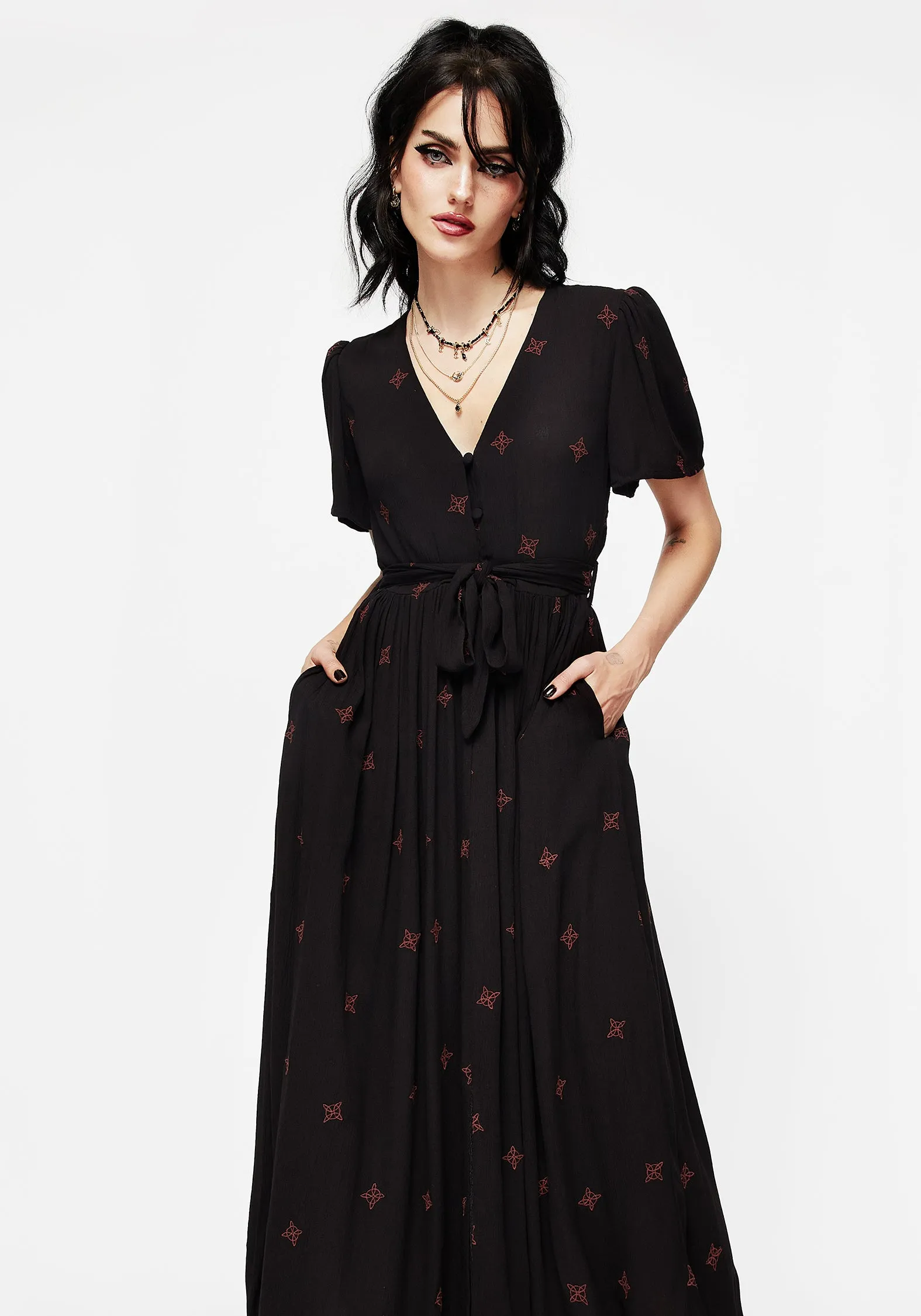 Season Proof Easygoing Outfit Sublime Witches Knot Embroidered Button Up Midi Dress