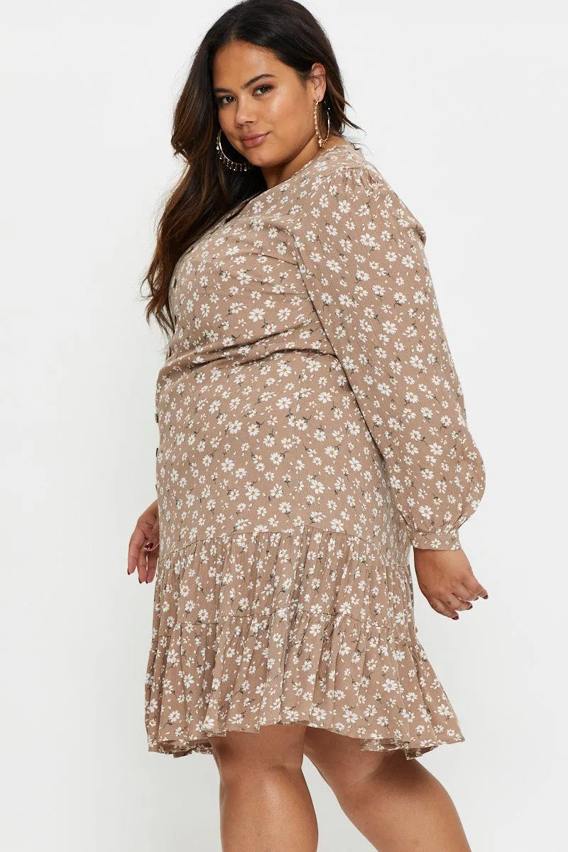 Trendy office attire Floral Print Skater Dress Long Sleeve Ruffle Hem