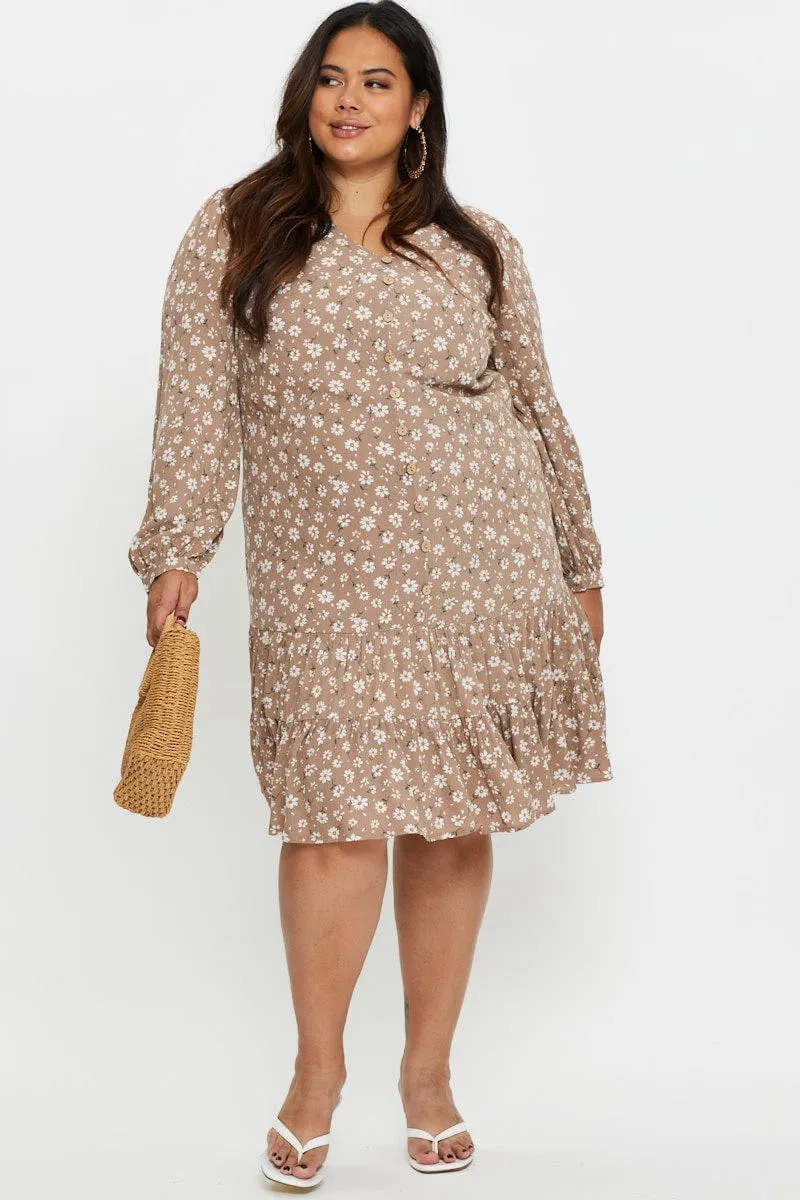 Event Chic Classic Charm Floral Print Skater Dress Long Sleeve Ruffle Hem