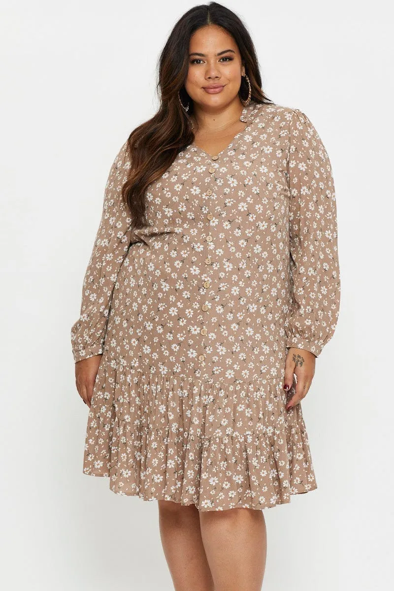 Floral Print Skater Dress Long Sleeve Ruffle Hem Sunday Stroll